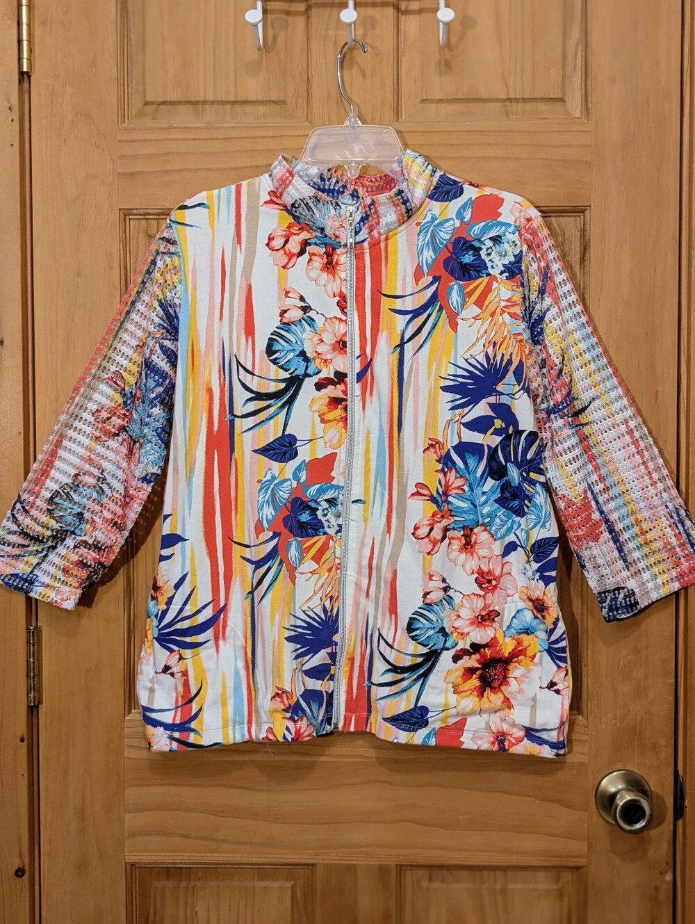 Onque Casual Jacket Hawaiian Floral Zip 3/4 Sleeve Casual Resort Summer Sz XL